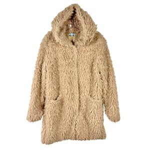 She + Sky‎ Faux Fur Long Coat Hooded Shaggy Jacket Beige Tan Snap Buttons